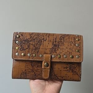 Patricia Nash, Italian Leather, Brown Map Print Wallet with Stud Accents